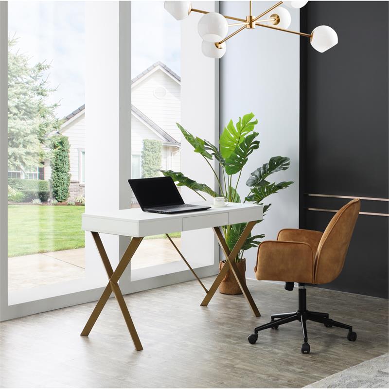 Mona Wooden Desk White/Gold  43.3L x 21.7W x 30H 1 Storage Drawer X-Leg Design