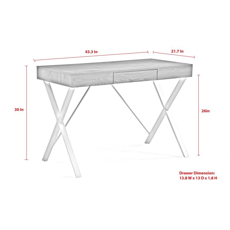 Mona Wooden Desk White/Gold  43.3L x 21.7W x 30H 1 Storage Drawer X-Leg Design