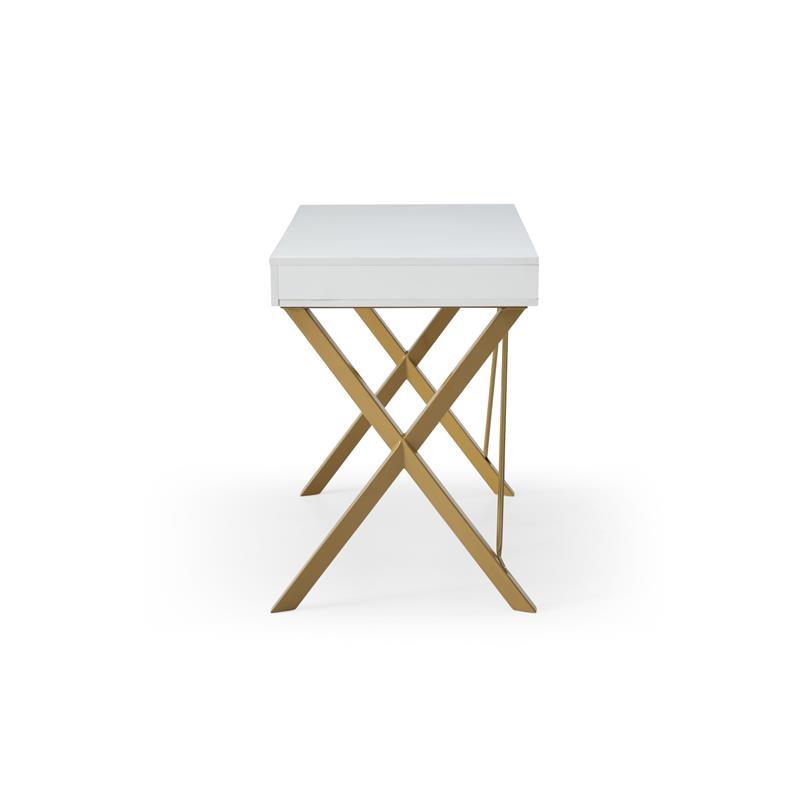 Mona Wooden Desk White/Gold  43.3L x 21.7W x 30H 1 Storage Drawer X-Leg Design