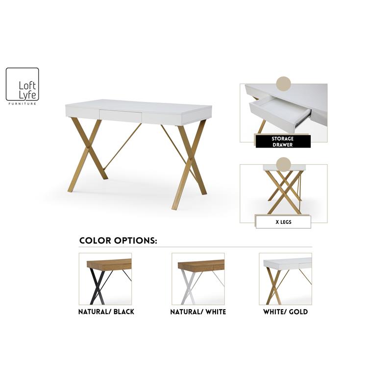 Mona Wooden Desk White/Gold  43.3L x 21.7W x 30H 1 Storage Drawer X-Leg Design