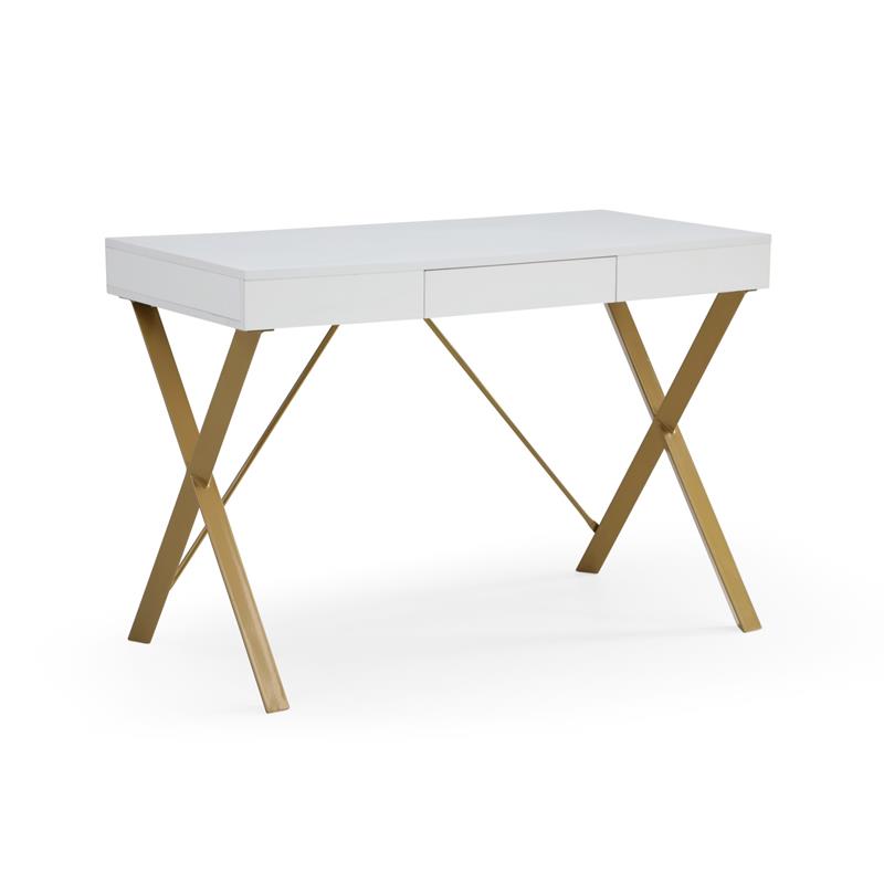Mona Wooden Desk White/Gold  43.3L x 21.7W x 30H 1 Storage Drawer X-Leg Design