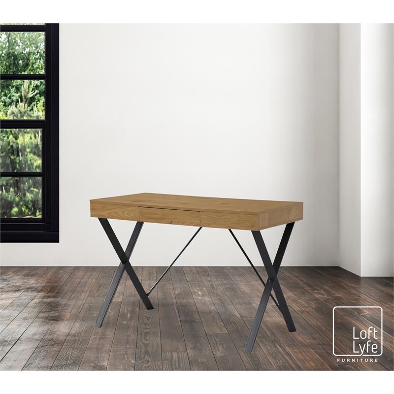 Mona Wooden Desk Natural/Black  43.3L x 21.7W x 30H 1 Storage Drawer X-Leg