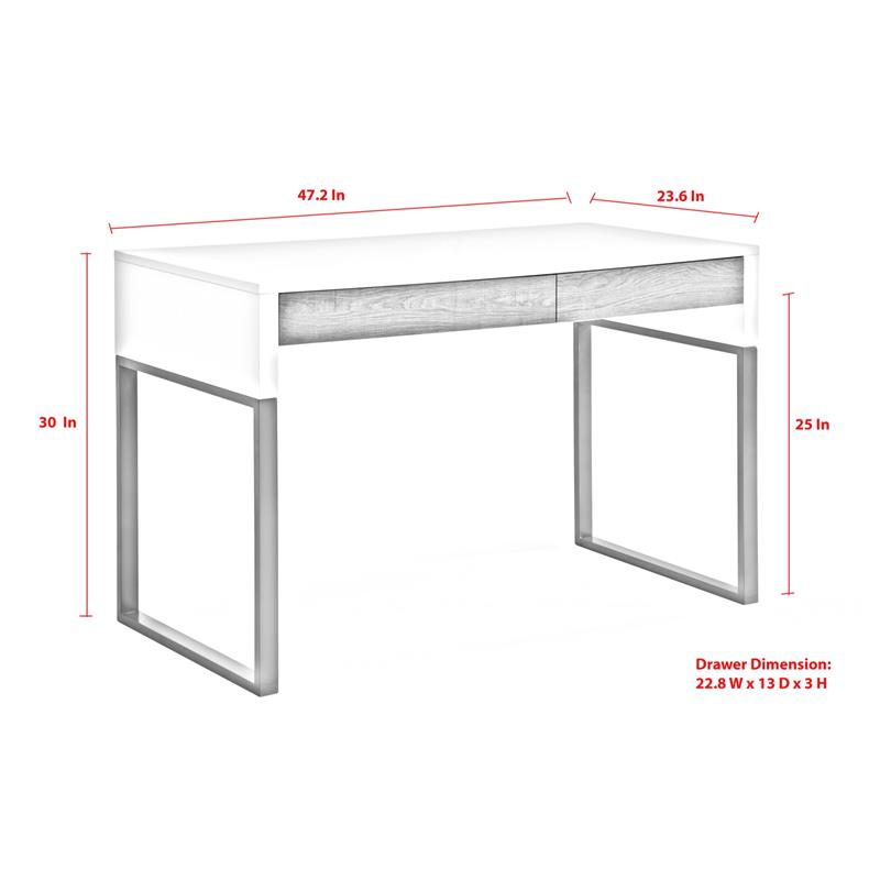 Estevan Desk White/Silver  47.2L x 23.6W x 30H 2 Storage Drawers Geometric Frame