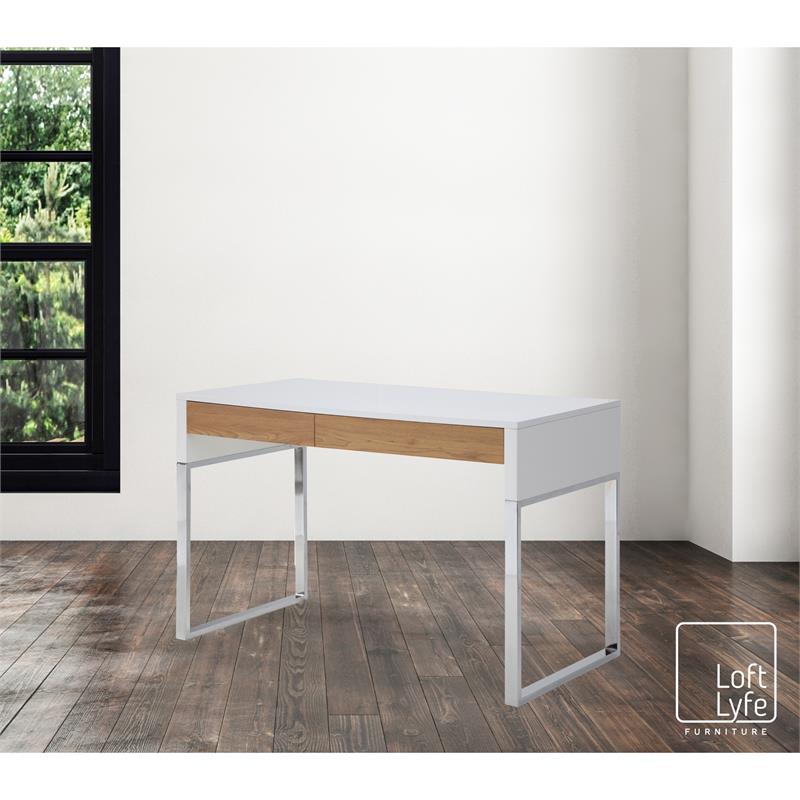 Estevan Desk White/Silver  47.2L x 23.6W x 30H 2 Storage Drawers Geometric Frame