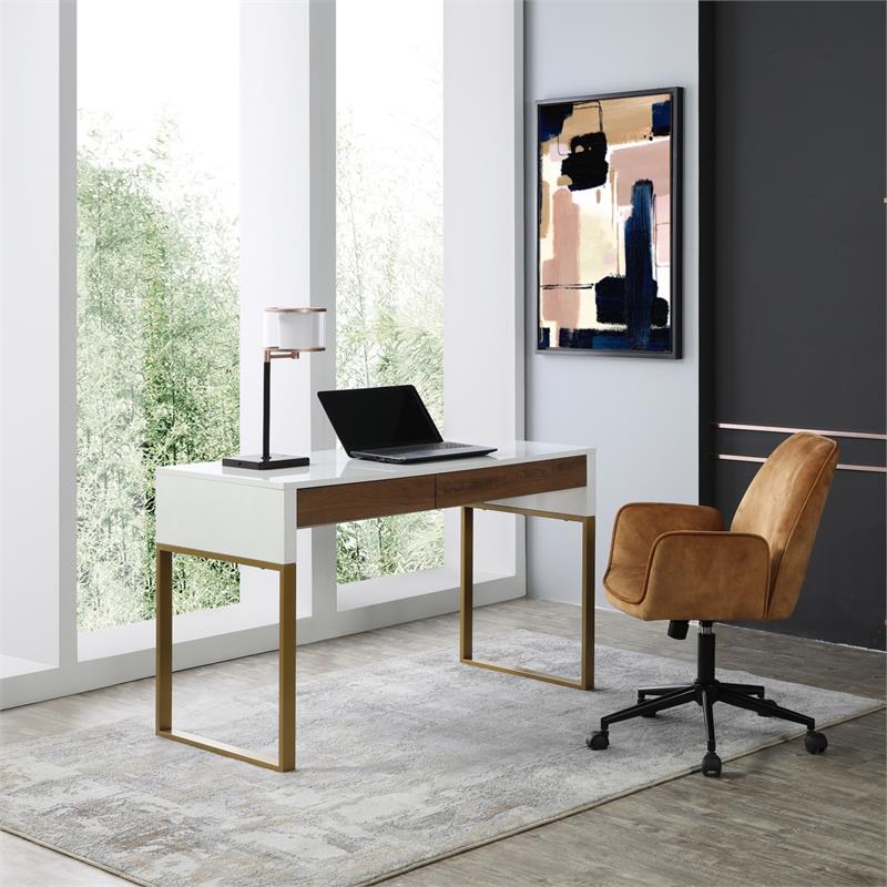 Estevan Desk White/Gold  47.2L x 23.6W x 30H 2 Storage Drawers Geometric Frame