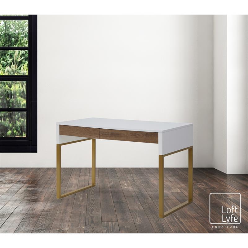 Estevan Desk White/Gold  47.2L x 23.6W x 30H 2 Storage Drawers Geometric Frame