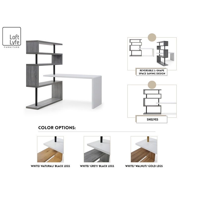 Nazir Wooden Desk White/Grey 92.5L x 23.6W x 65H Reversible Space Design