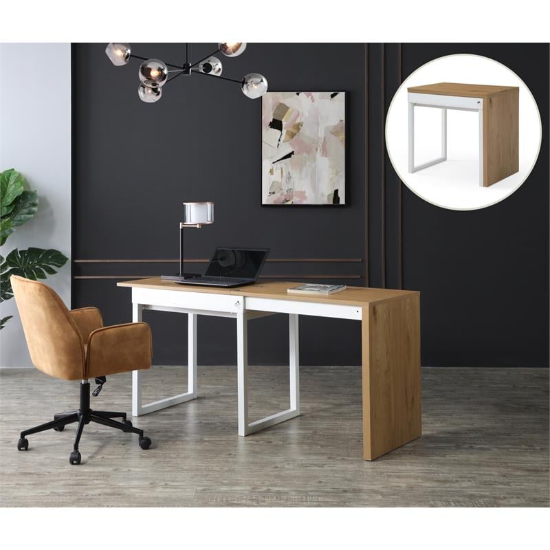 Kaliah Wooden Desk Natural/White 63L x 21.6W x 30H Extendable-2 Top Open Storage