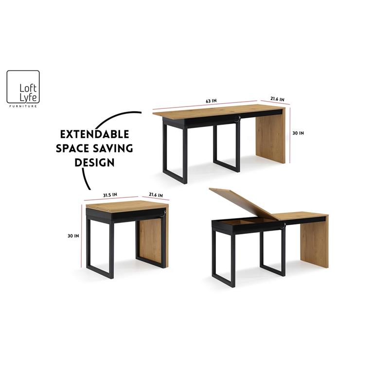 Kaliah Wooden Desk Natural/Black 63L x 21.6W x 30H Extendable-2 Top Open Storage