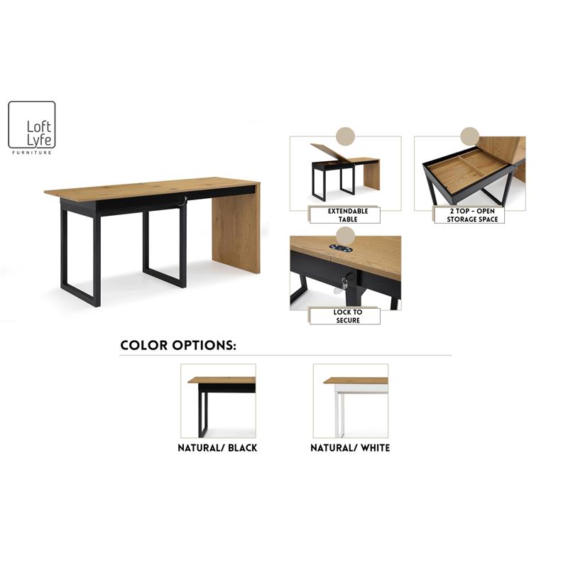 Kaliah Wooden Desk Natural/Black 63L x 21.6W x 30H Extendable-2 Top Open Storage