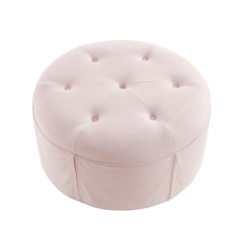 Irvin Ottoman Light Pink Linen 32L x 32W x 16H Button Tufted Skirted