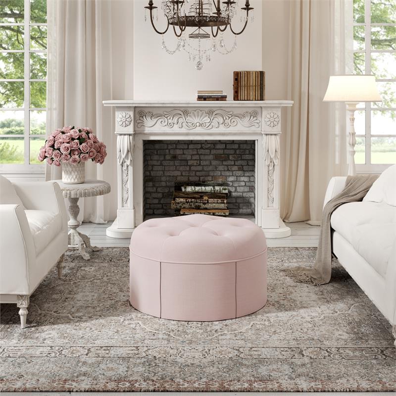 Irvin Ottoman Light Pink Linen 32L x 32W x 16H Button Tufted Skirted