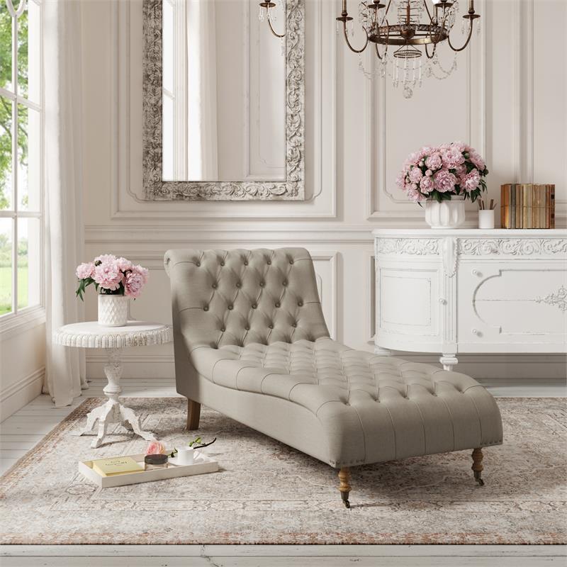 Vaida Chair Taupe Linen 67L x 30.5W x 36H Button Tufted Front Wheel Casters
