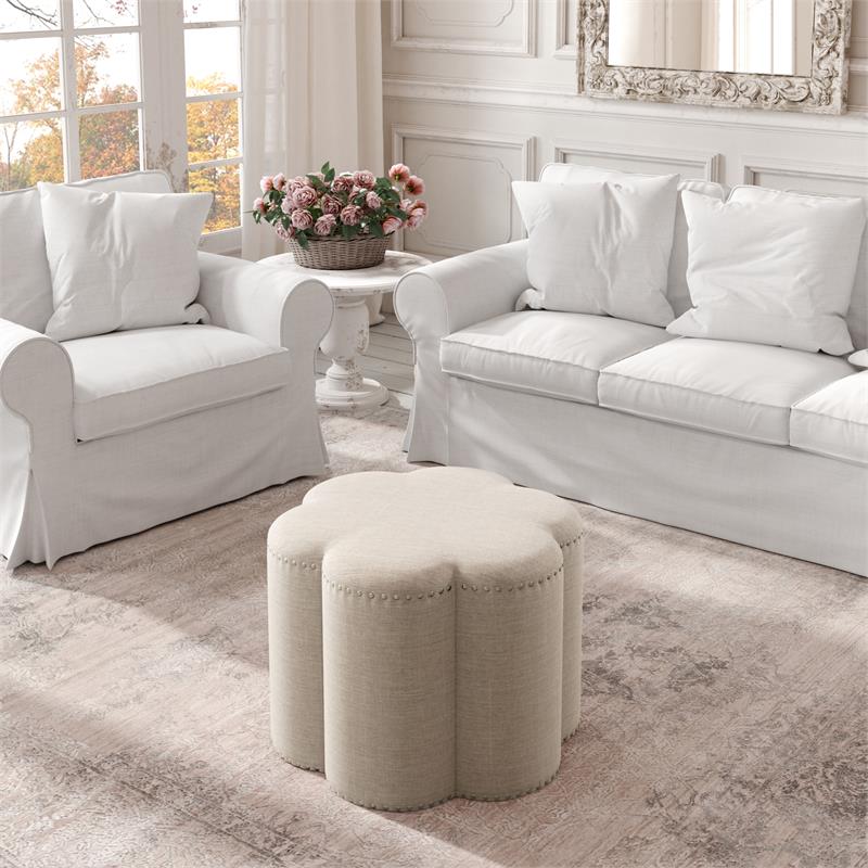 Jamil Ottoman Light Beige Linen 24.5L x 24.5W x 18.5H Upholstered Nailhead Trim