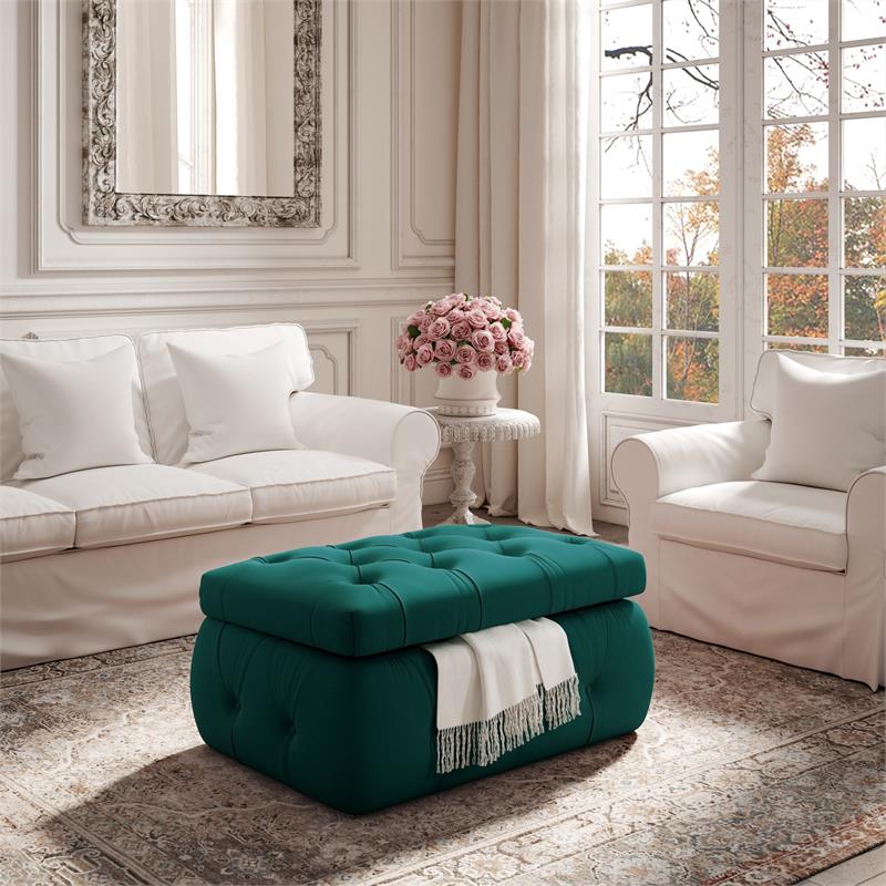 Koby Ottoman Emerald Green Velvet 36.4L x 25W x 17H Upholstered Button Tufted