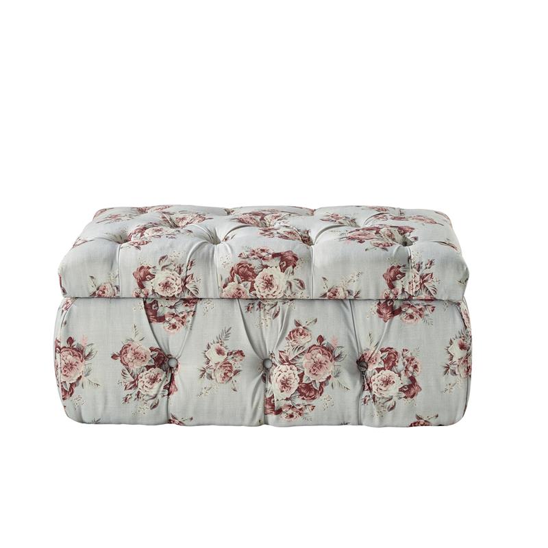 Koby Ottoman Manor Floral Linen 36.4L x 25W x 17H Upholstered Button Tufted