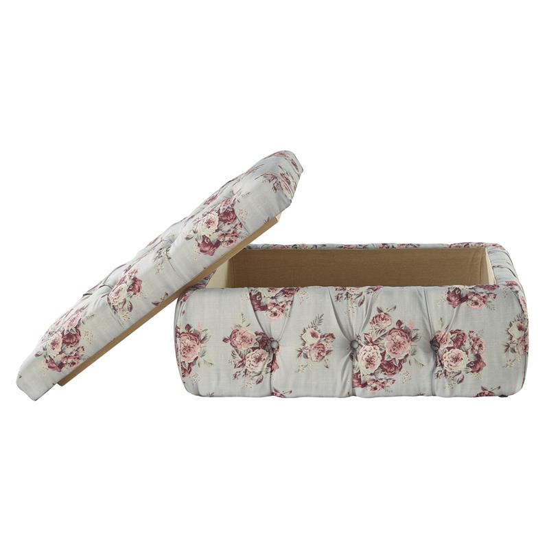 Koby Ottoman Manor Floral Linen 36.4L x 25W x 17H Upholstered Button Tufted
