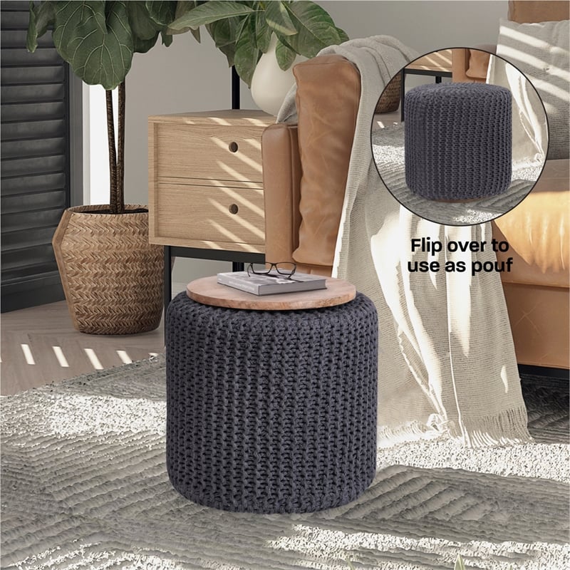 Posh Living Brayton Cotton Yarn 3-in-1 Pouf/Ottoman/End Table Dark Grey