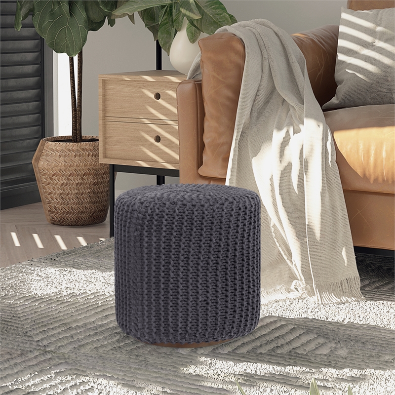 Posh Living Brayton Cotton Yarn 3-in-1 Pouf/Ottoman/End Table Dark Grey