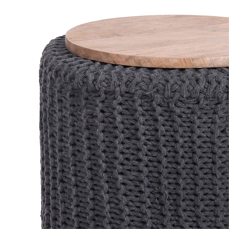 Posh Living Brayton Cotton Yarn 3-in-1 Pouf/Ottoman/End Table Dark Grey