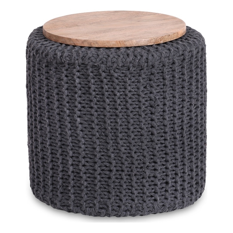 Posh Living Brayton Cotton Yarn 3-in-1 Pouf/Ottoman/End Table Dark Grey