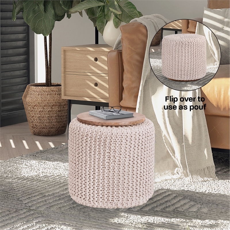 Posh Living Brayton Cotton Yarn 3-in-1 Pouf/Ottoman/End Table Ivory