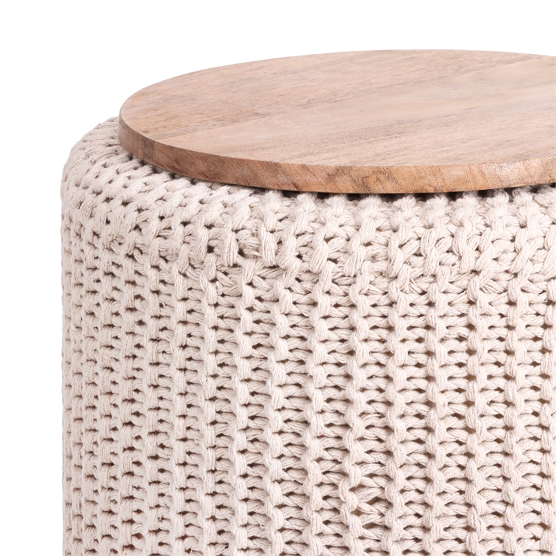 Posh Living Brayton Cotton Yarn 3-in-1 Pouf/Ottoman/End Table Ivory
