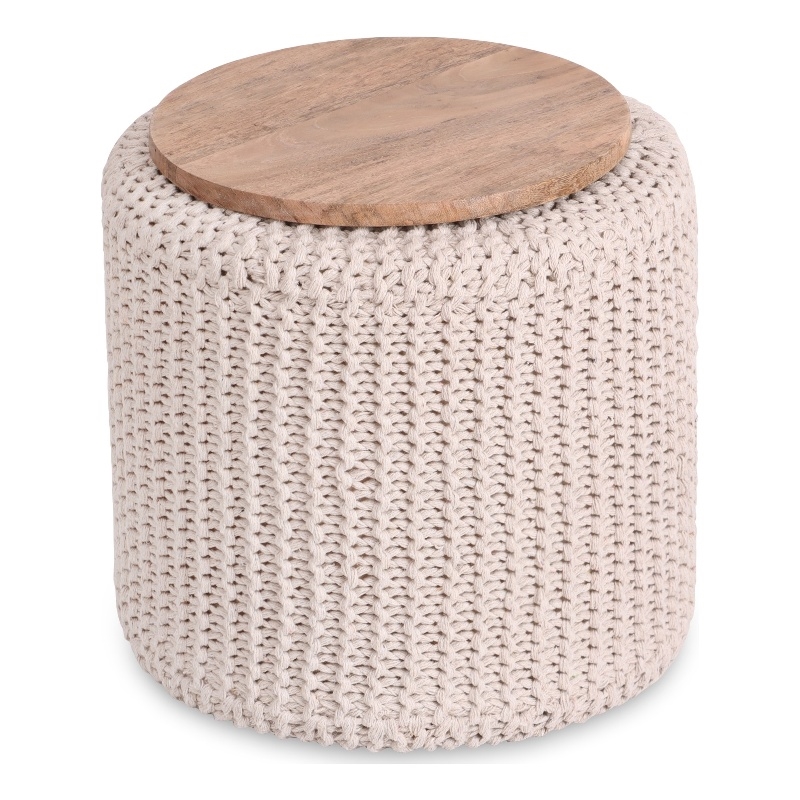 Posh Living Brayton Cotton Yarn 3-in-1 Pouf/Ottoman/End Table Ivory