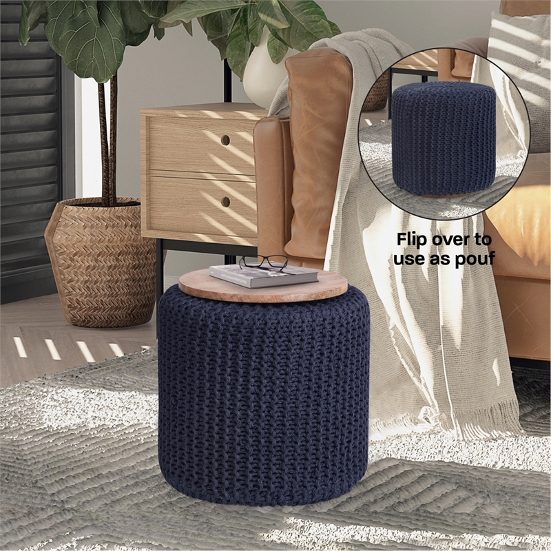Posh Living Brayton Cotton Yarn 3-in-1 Pouf/Ottoman/End Table Navy