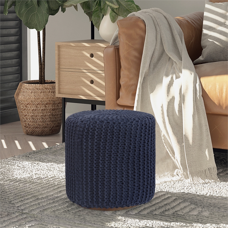 Posh Living Brayton Cotton Yarn 3-in-1 Pouf/Ottoman/End Table Navy