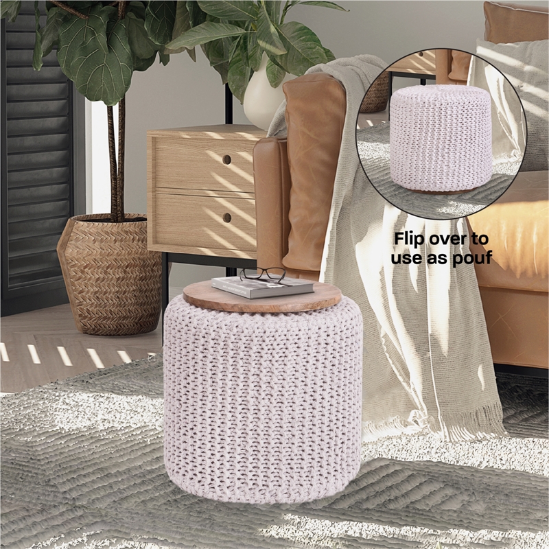 Posh Living Brayton Cotton Yarn 3-in-1 Pouf/Ottoman/End Table White