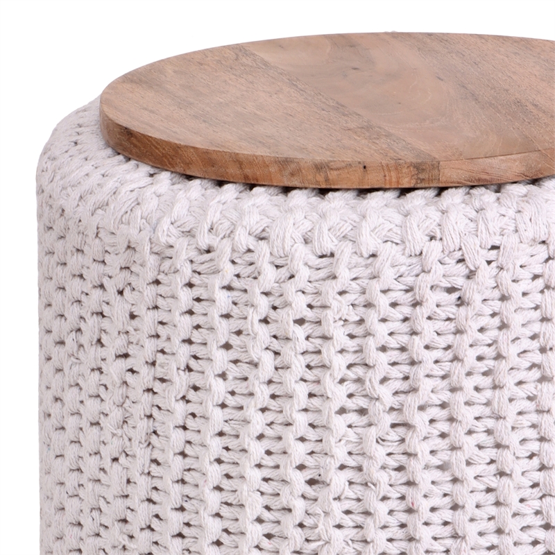 Posh Living Brayton Cotton Yarn 3-in-1 Pouf/Ottoman/End Table White