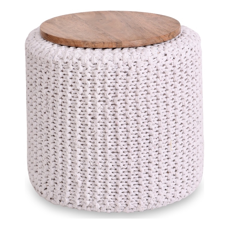 Posh Living Brayton Cotton Yarn 3-in-1 Pouf/Ottoman/End Table White