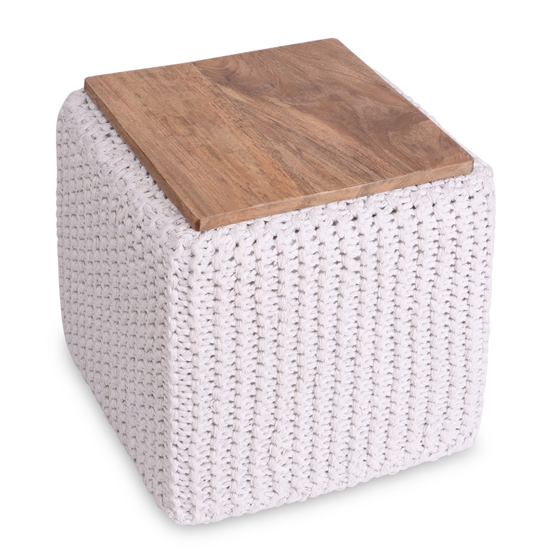 Posh Living Desean Cotton Yarn 3-in-1 Pouf/Ottoman/End Table White