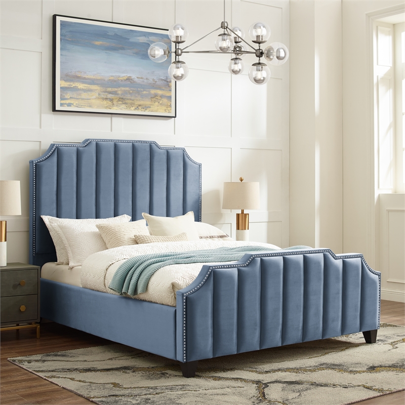 Posh Living Raylon Velvet Platform Bed Queen Size Sky Blue