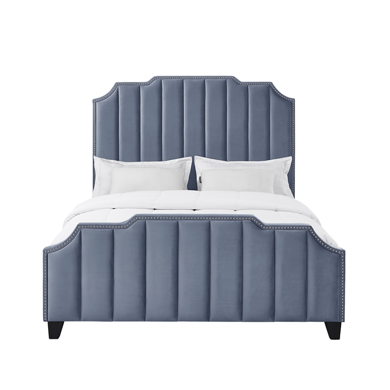 Posh Living Raylon Velvet Platform Bed Queen Size Sky Blue