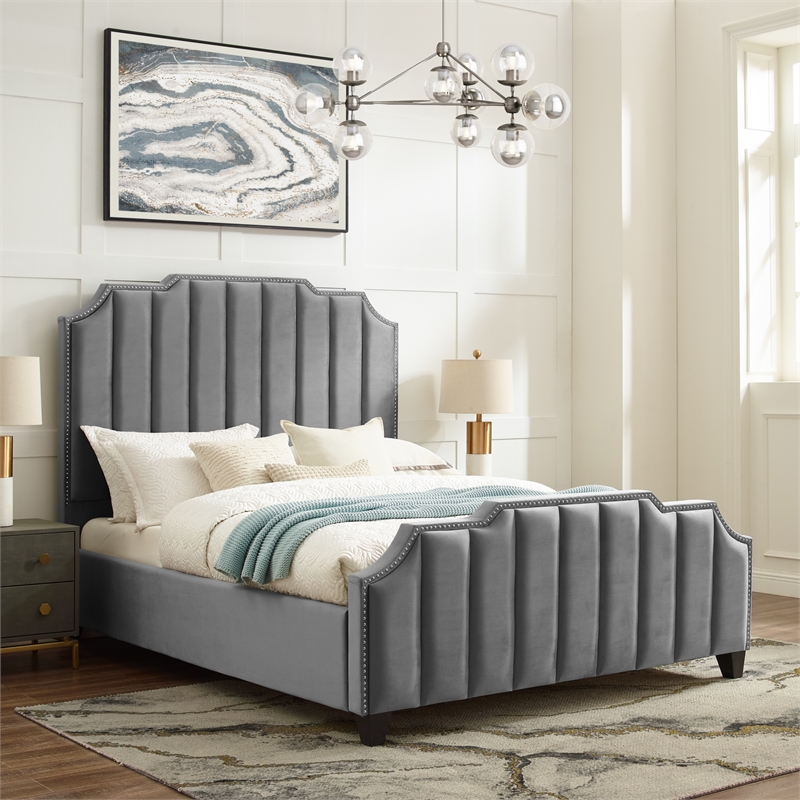 Posh Living Raylon Velvet Platform Bed King Size Grey
