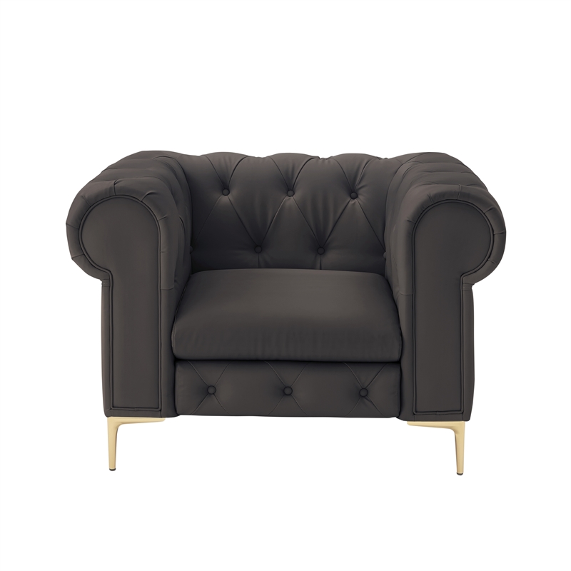 Renesmee Club Chair Brown Leather PU Button Tufted Rolled Arms