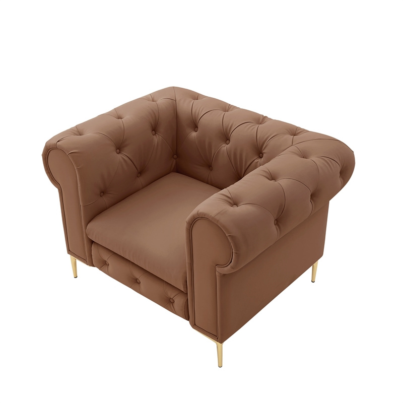 Renesmee Club Chair Camel Leather PU Button Tufted Rolled Arms