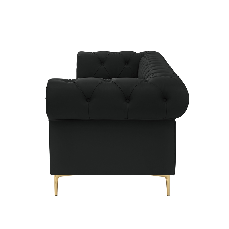 Renesmee Sofa Black Leather PU Button Tufted 3 Seat Rolled Arms