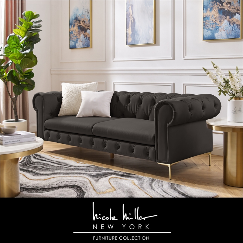 Renesmee Sofa Brown Leather PU Button Tufted 3 Seat Rolled Arms