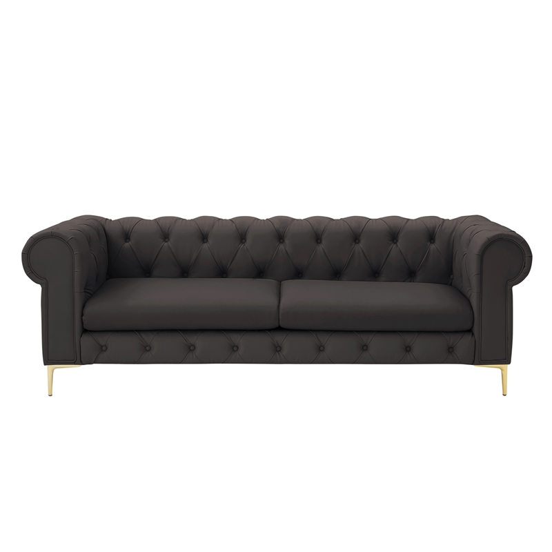 Renesmee Sofa Brown Leather PU Button Tufted 3 Seat Rolled Arms