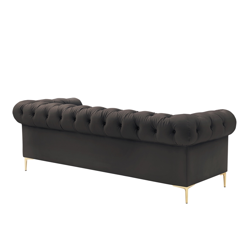 Renesmee Sofa Brown Leather PU Button Tufted 3 Seat Rolled Arms