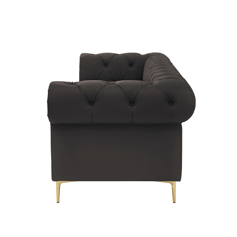 Renesmee Sofa Brown Leather PU Button Tufted 3 Seat Rolled Arms