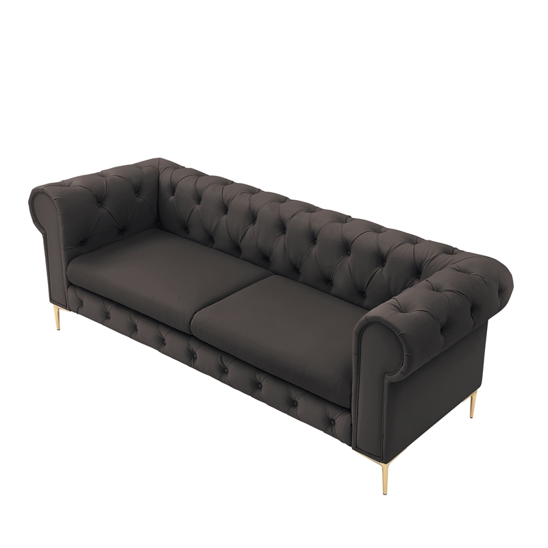 Renesmee Sofa Brown Leather PU Button Tufted 3 Seat Rolled Arms