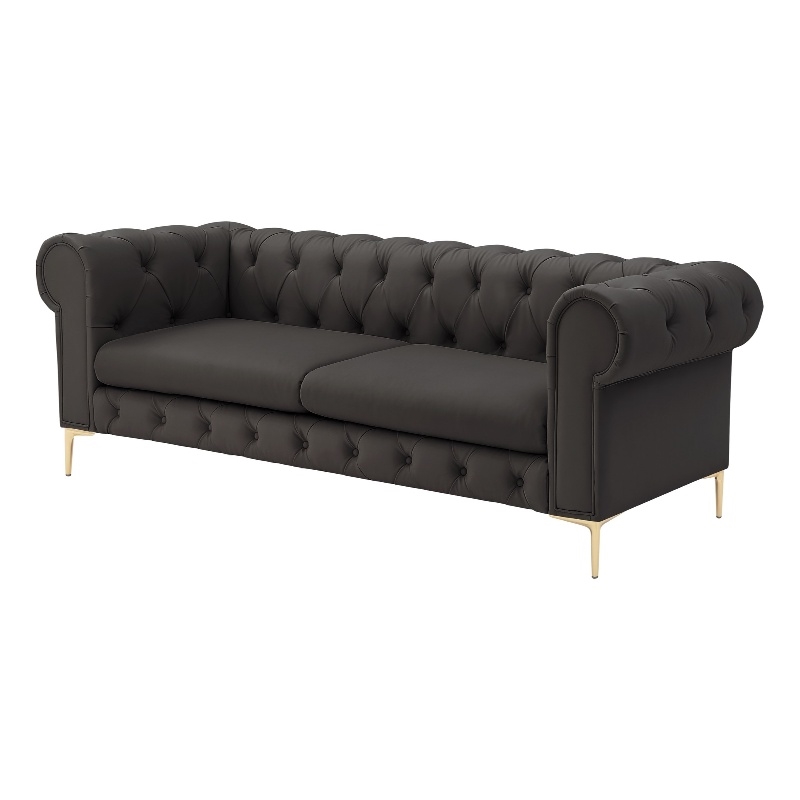 Renesmee Sofa Brown Leather PU Button Tufted 3 Seat Rolled Arms