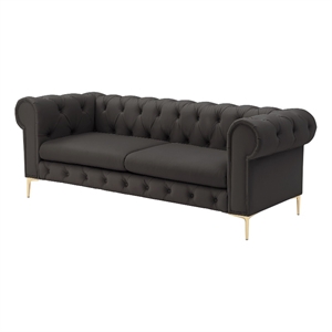 Renesmee Sofa Brown Leather PU Button Tufted 3 Seat Rolled Arms
