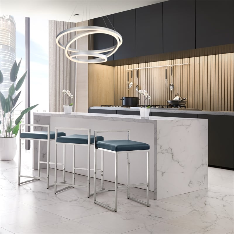 Amyah Bar Stool Navy/Chrome Leather PU  Geometric Frame Upholstered