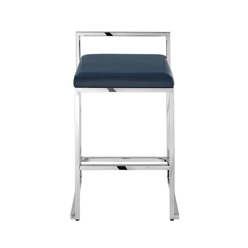 Amyah Bar Stool Navy/Chrome Leather PU  Geometric Frame Upholstered