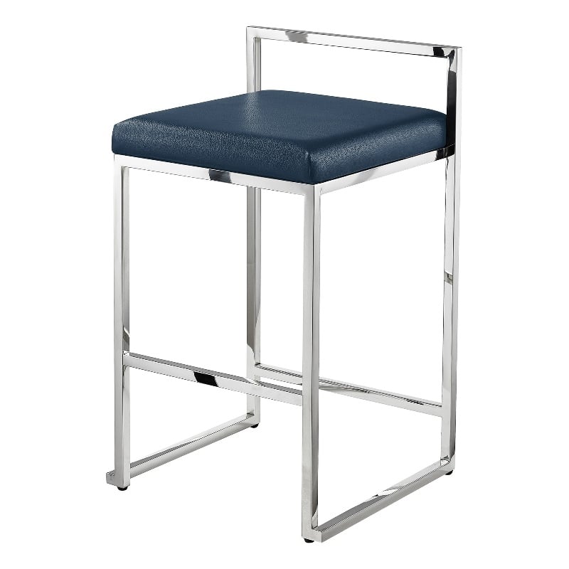 Amyah Bar Stool Navy/Chrome Leather PU  Geometric Frame Upholstered